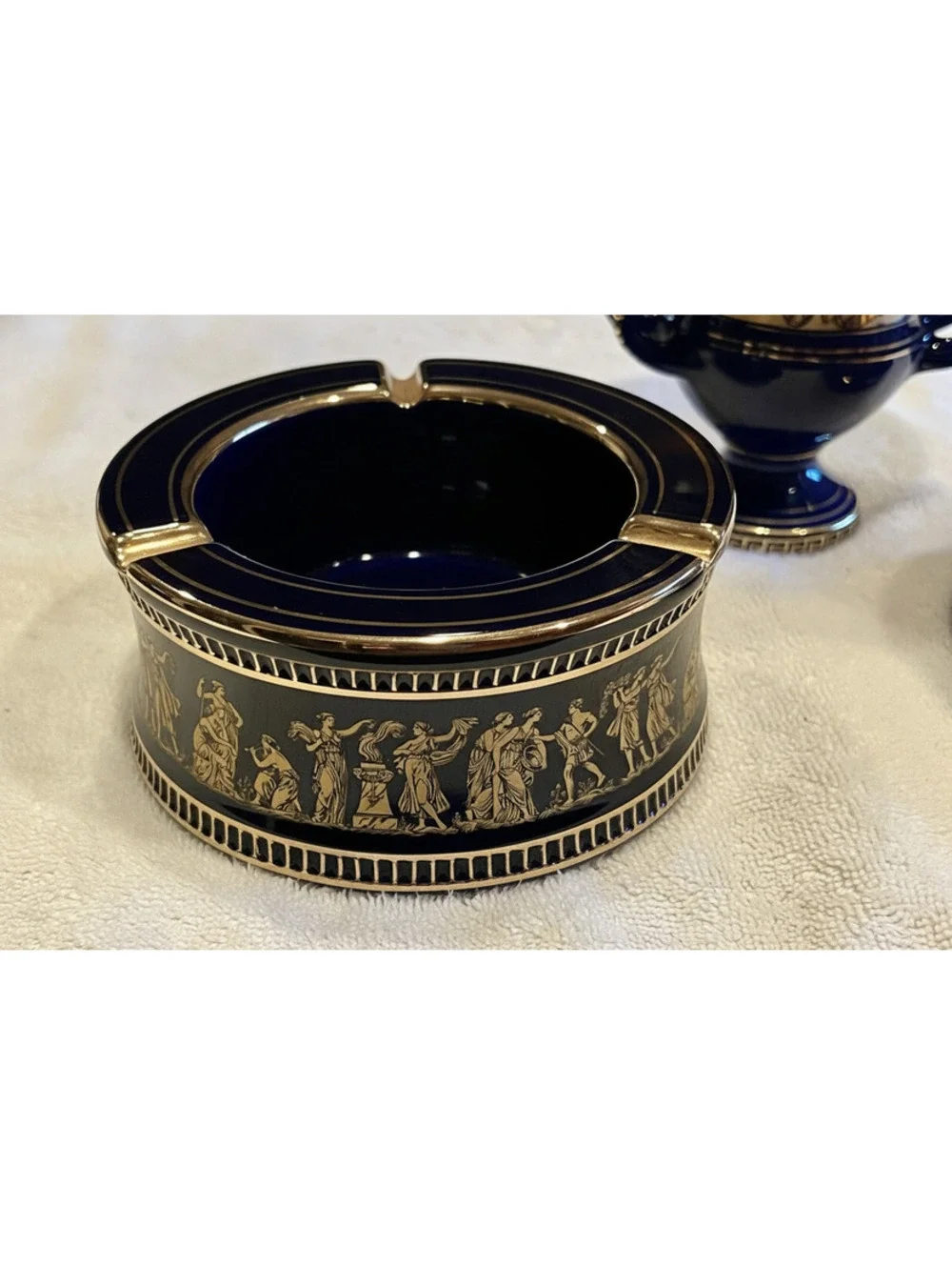 3 Pcs Set SPYROPULOS Greek D. Cup & Saucer, Vase Ashtray, 24k Trim, Cobalt B